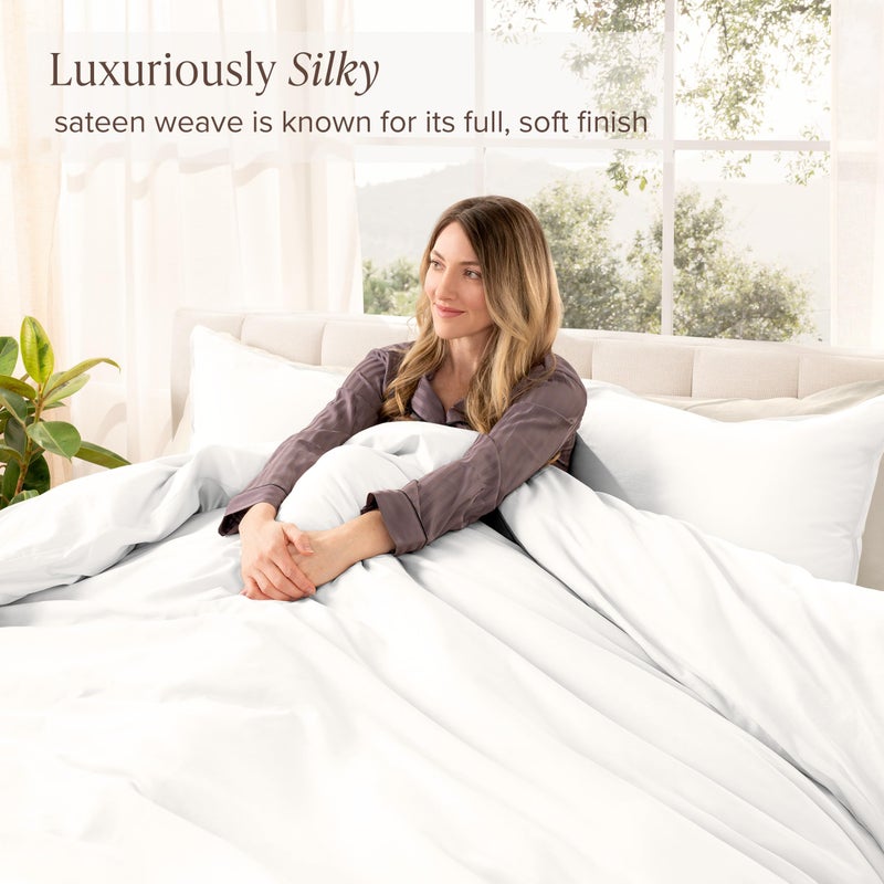 Bare Home 100% Organic Cotton Sateen Duvet Cover Set - Extra Long Size - 400 Thread Count - Smooth Sateen Weave - Warm & Luxurious - Duvet Cover (Twin/Twin XL, White) - Image 2
